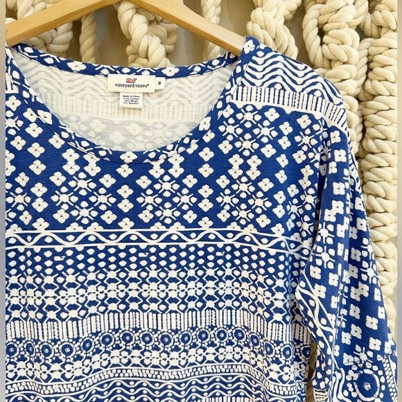 Vineyard Vines 3/4 Sleeve Blue White Print Shift Dress - Picture 2 of 4
